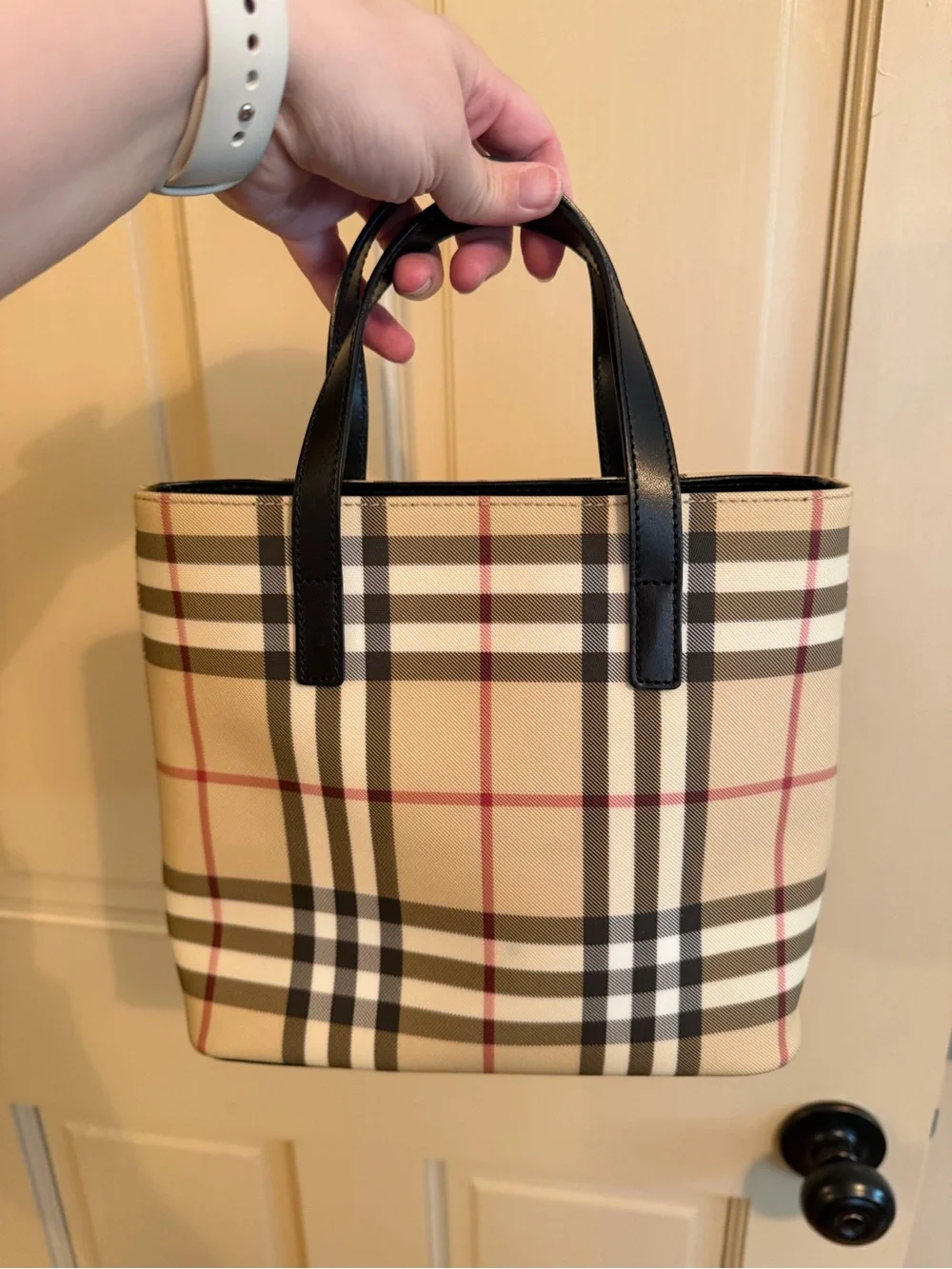 Burberry Beige Mini Tote with Black Handles and Red Accents